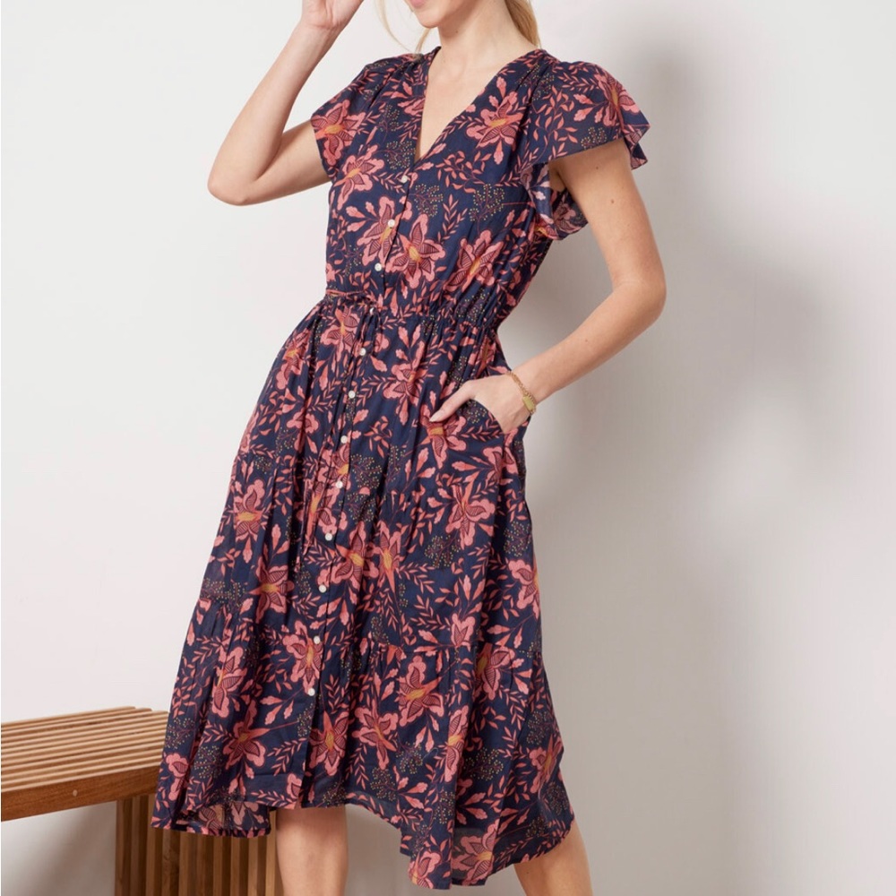 Birds of Paradis navy and pink floral midi dress, from Evereve